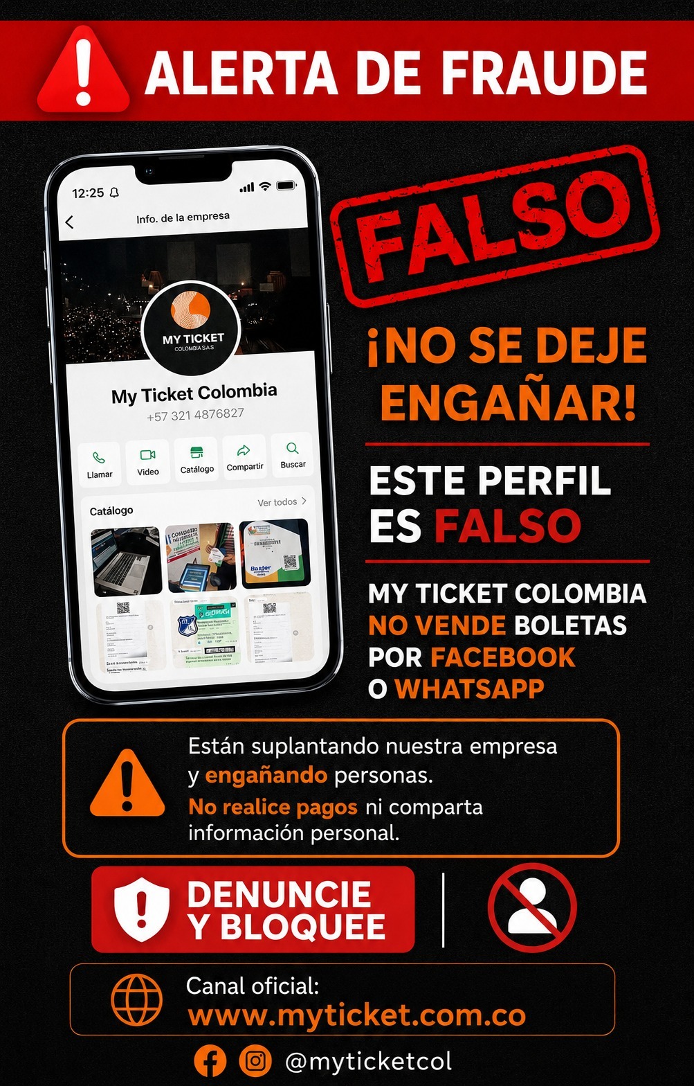 Evidencia del perfil falso que suplanta a My Ticket Colombia